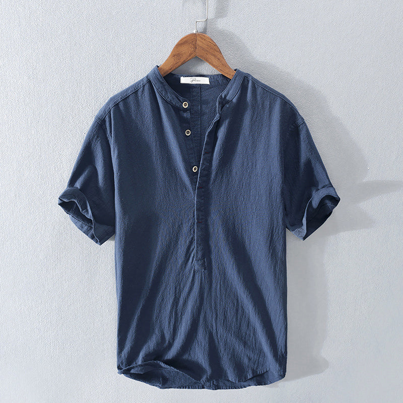 Men's Short Sleeve Shirt with Mandarin Collar and Half Button Placket