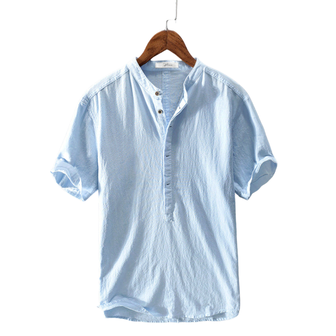 Men's Short Sleeve Shirt with Mandarin Collar and Half Button Placket