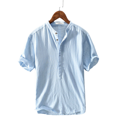 Men's Short Sleeve Shirt with Mandarin Collar and Half Button Placket