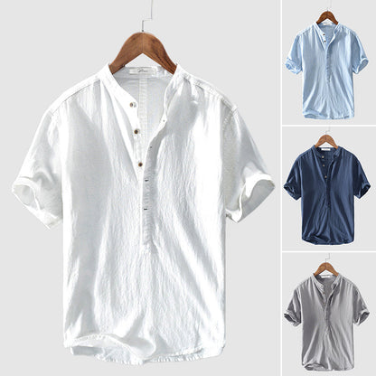 Men's Short Sleeve Shirt with Mandarin Collar and Half Button Placket