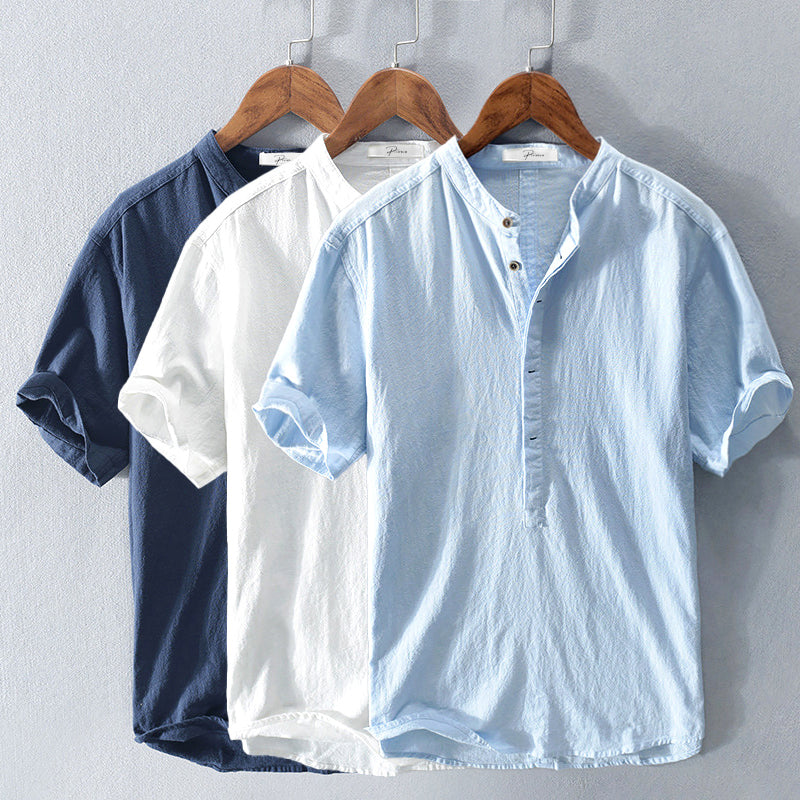 Men's Short Sleeve Shirt with Mandarin Collar and Half Button Placket