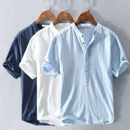 Men's Short Sleeve Shirt with Mandarin Collar and Half Button Placket