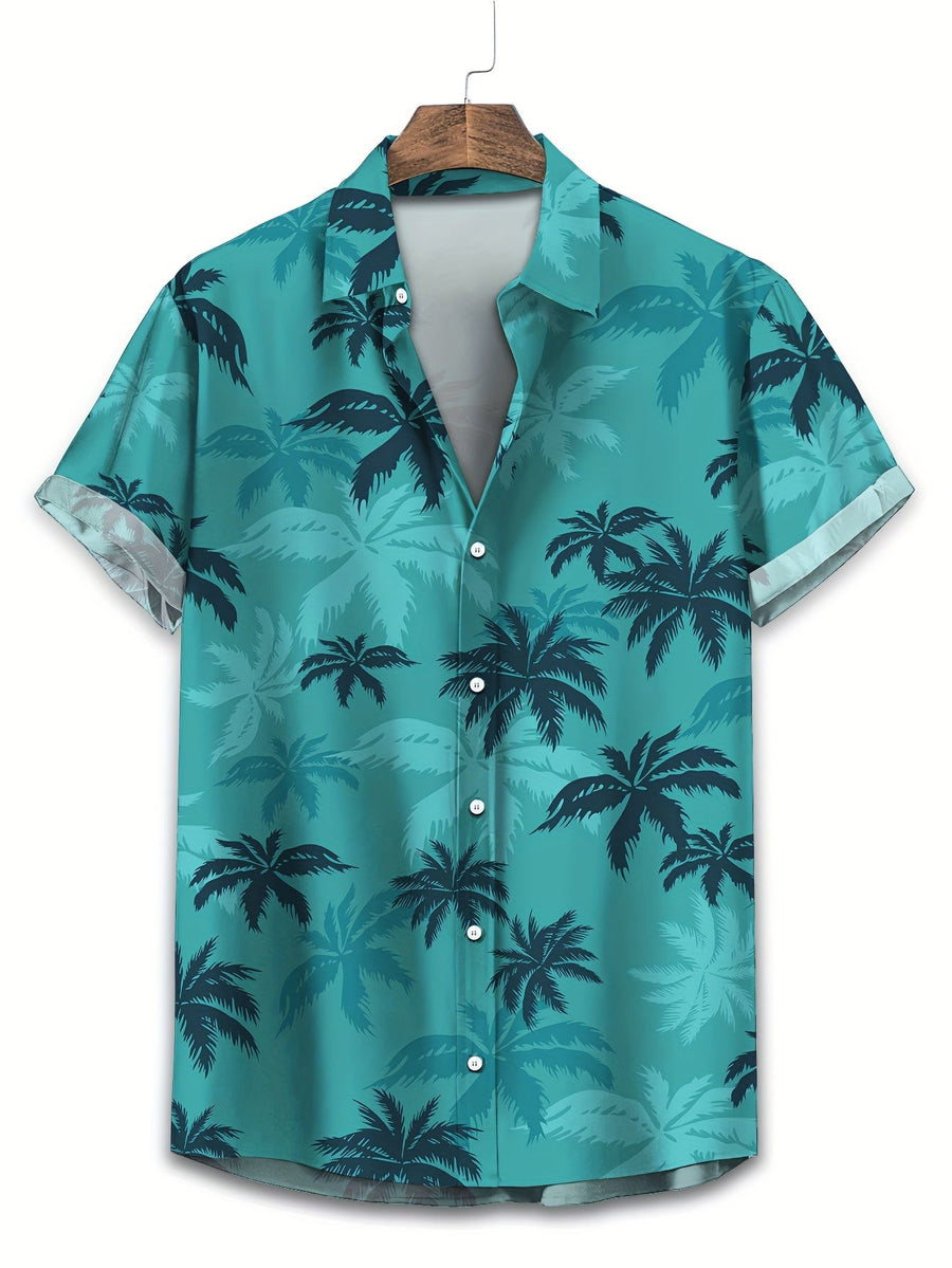 Men's Short Sleeve Shirt with Palm Tree Print and Lapel Collar