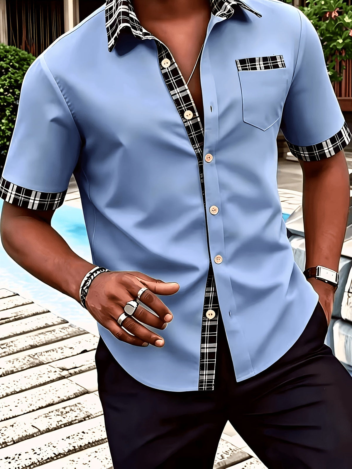 Men's Short Sleeve Shirt with Plaid Trim and Chest Pocket