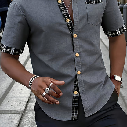 Men's Short Sleeve Shirt with Plaid Trim and Chest Pocket