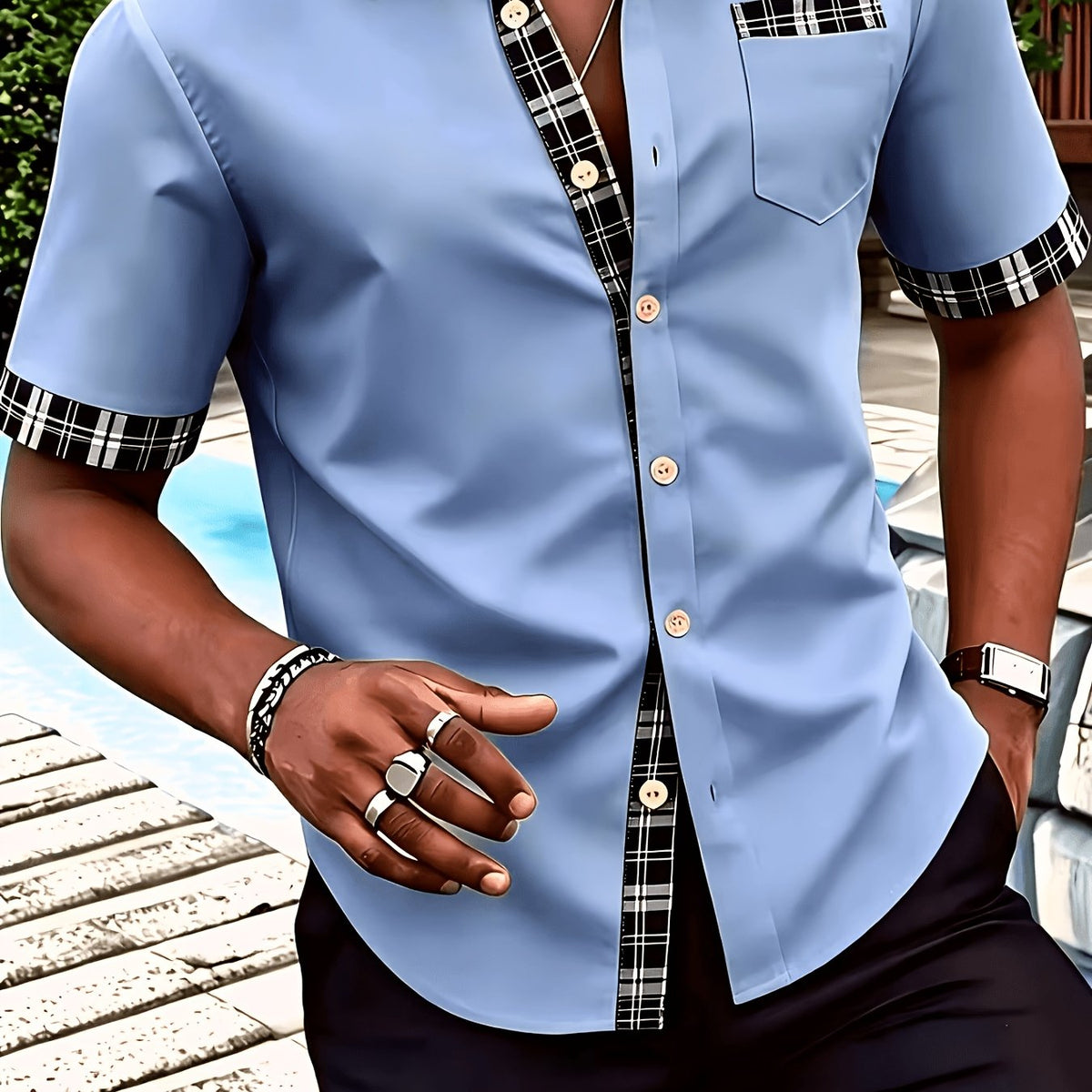 Men's Short Sleeve Shirt with Plaid Trim and Chest Pocket