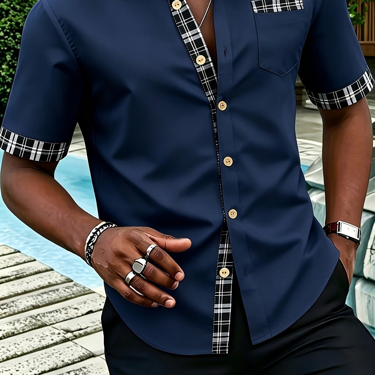 Men's Short Sleeve Shirt with Plaid Trim and Chest Pocket