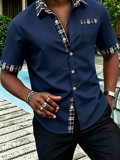 Men's Short Sleeve Shirt with Plaid Trim and Chest Pocket