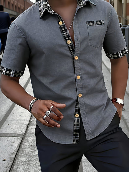 Men's Short Sleeve Shirt with Plaid Trim and Chest Pocket