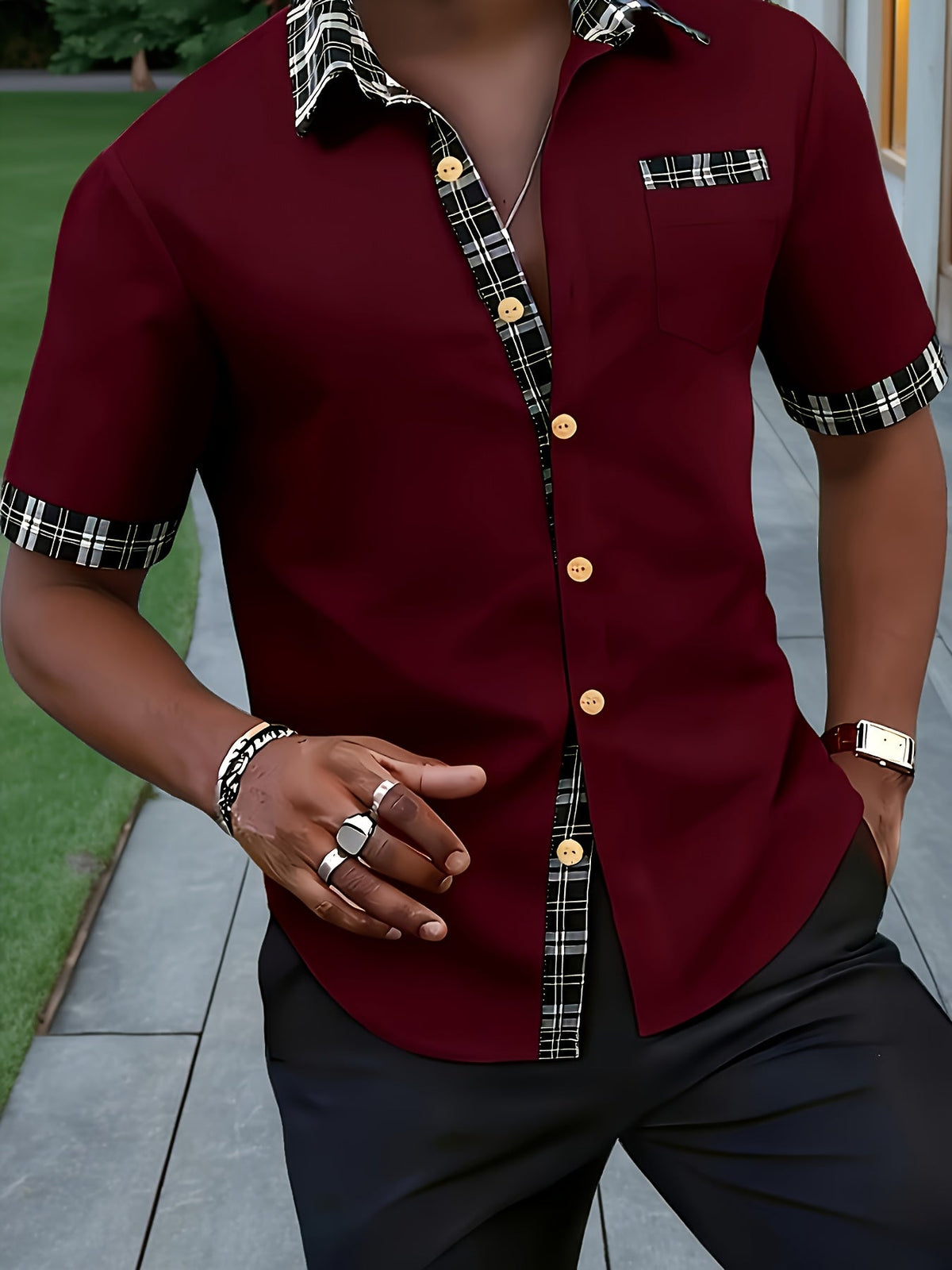 Men's Short Sleeve Shirt with Plaid Trim and Chest Pocket