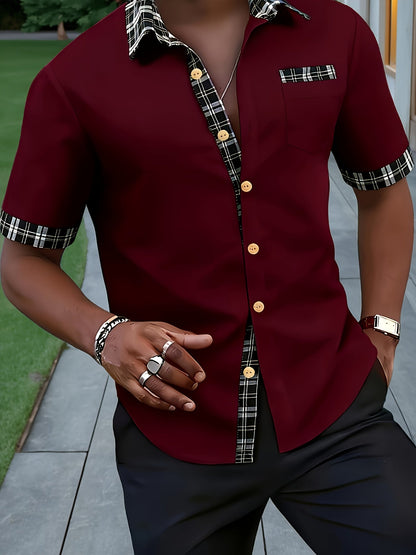 Men's Short Sleeve Shirt with Plaid Trim and Chest Pocket