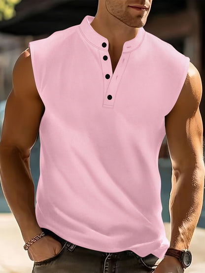 Men's Sleeveless Henley Shirt with Stand Collar and Button Placket