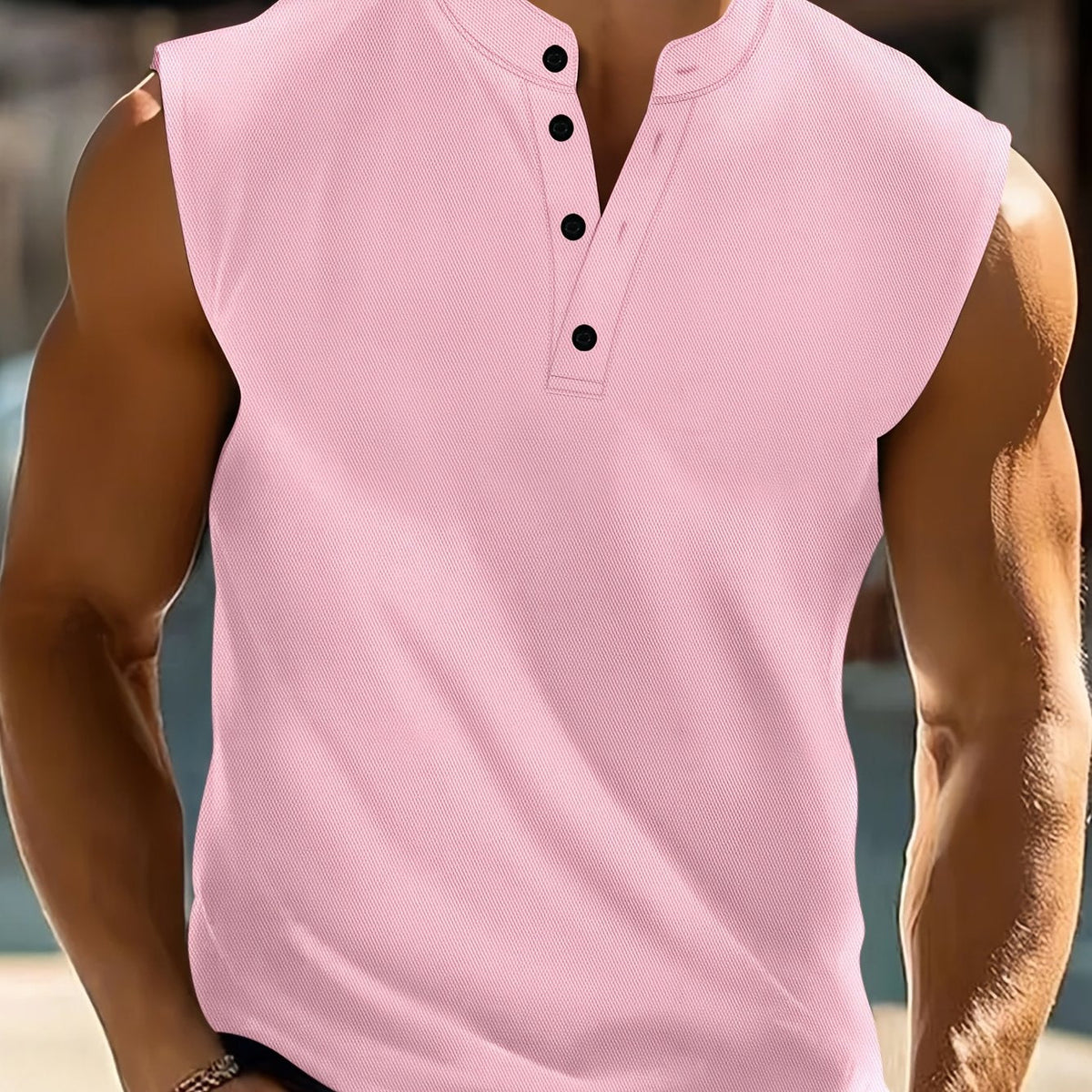 Men's Sleeveless Henley Shirt with Stand Collar and Button Placket