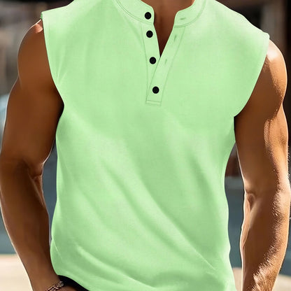 Men's Sleeveless Henley Shirt with Stand Collar and Button Placket