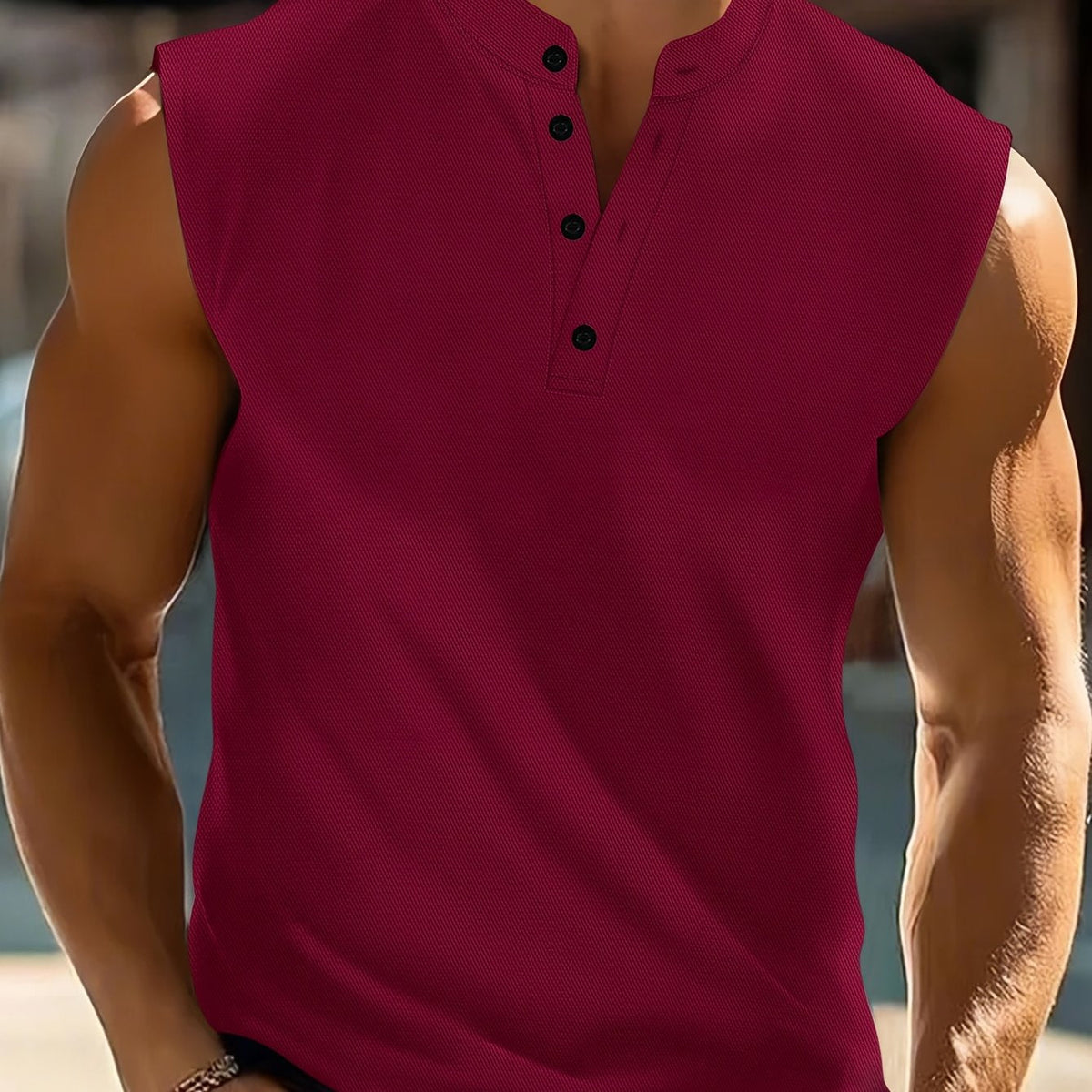 Men's Sleeveless Henley Shirt with Stand Collar and Button Placket