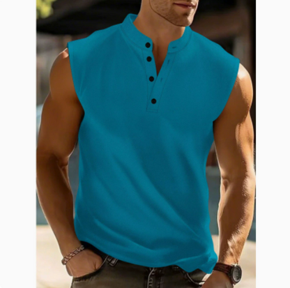 Men's Sleeveless Henley Shirt with Stand Collar and Button Placket
