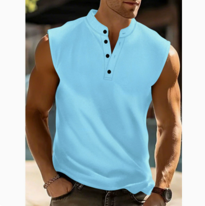 Men's Sleeveless Henley Shirt with Stand Collar and Button Placket