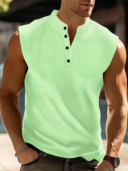 Men's Sleeveless Henley Shirt with Stand Collar and Button Placket