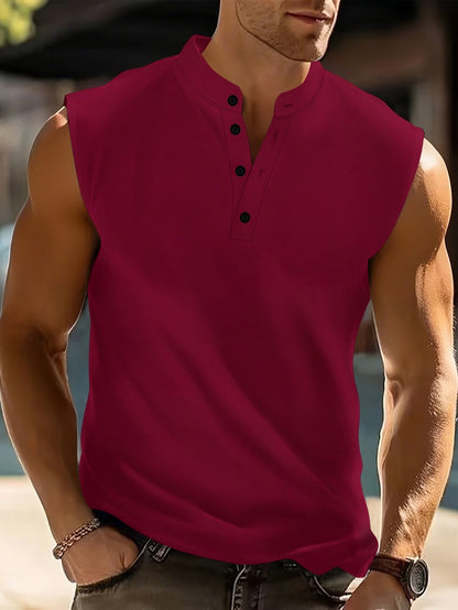 Men's Sleeveless Henley Shirt with Stand Collar and Button Placket