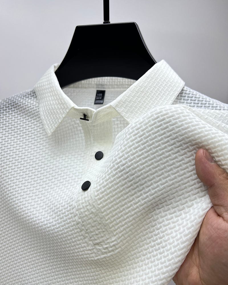 Men's Slim-Fit Short-Sleeve Polo Shirt with Textured Waffle Pattern and Button Placket