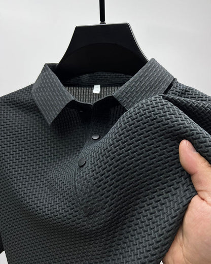 Men's Slim-Fit Short-Sleeve Polo Shirt with Textured Waffle Pattern and Button Placket