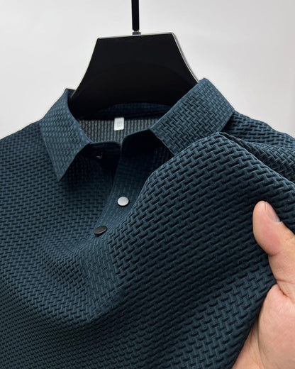 Men's Slim-Fit Short-Sleeve Polo Shirt with Textured Waffle Pattern and Button Placket