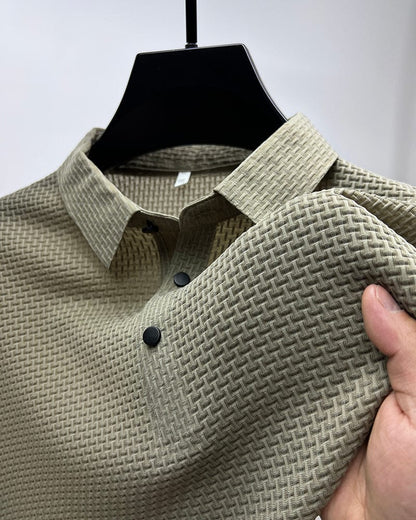 Men's Slim-Fit Short-Sleeve Polo Shirt with Textured Waffle Pattern and Button Placket