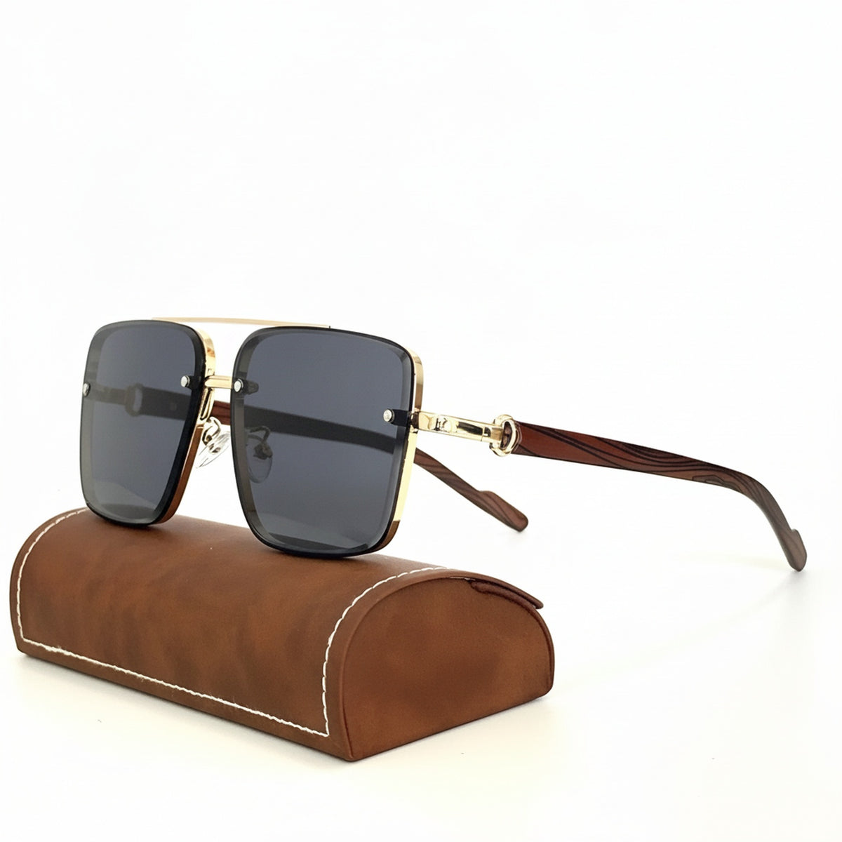 Men's Square Sunglasses with Double Bridge and Wood-Look Temples