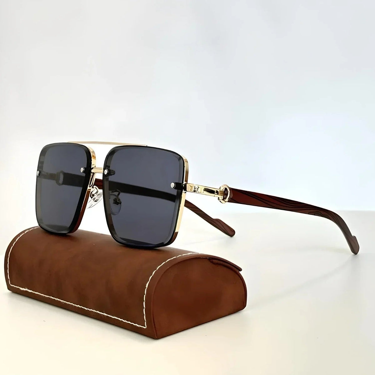 Men's Square Sunglasses with Double Bridge and Wood-Look Temples