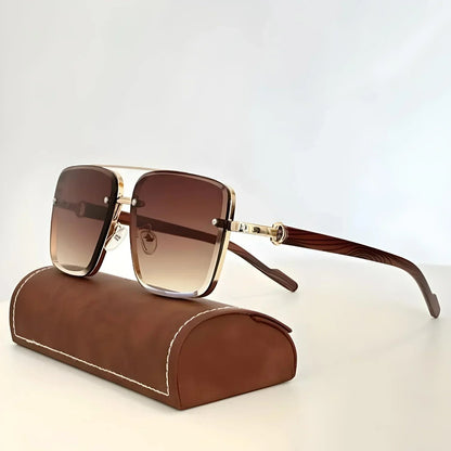 Men's Square Sunglasses with Double Bridge and Wood-Look Temples