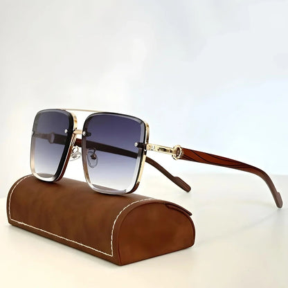Men's Square Sunglasses with Double Bridge and Wood-Look Temples