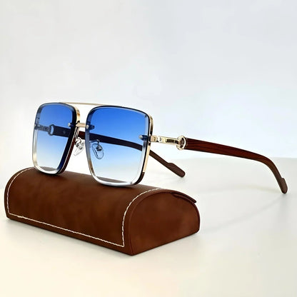 Men's Square Sunglasses with Double Bridge and Wood-Look Temples