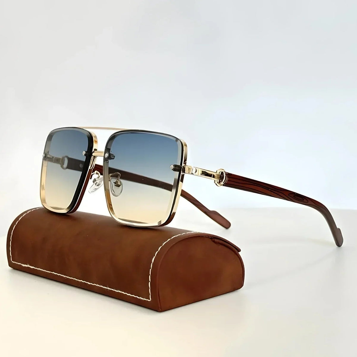 Men's Square Sunglasses with Double Bridge and Wood-Look Temples
