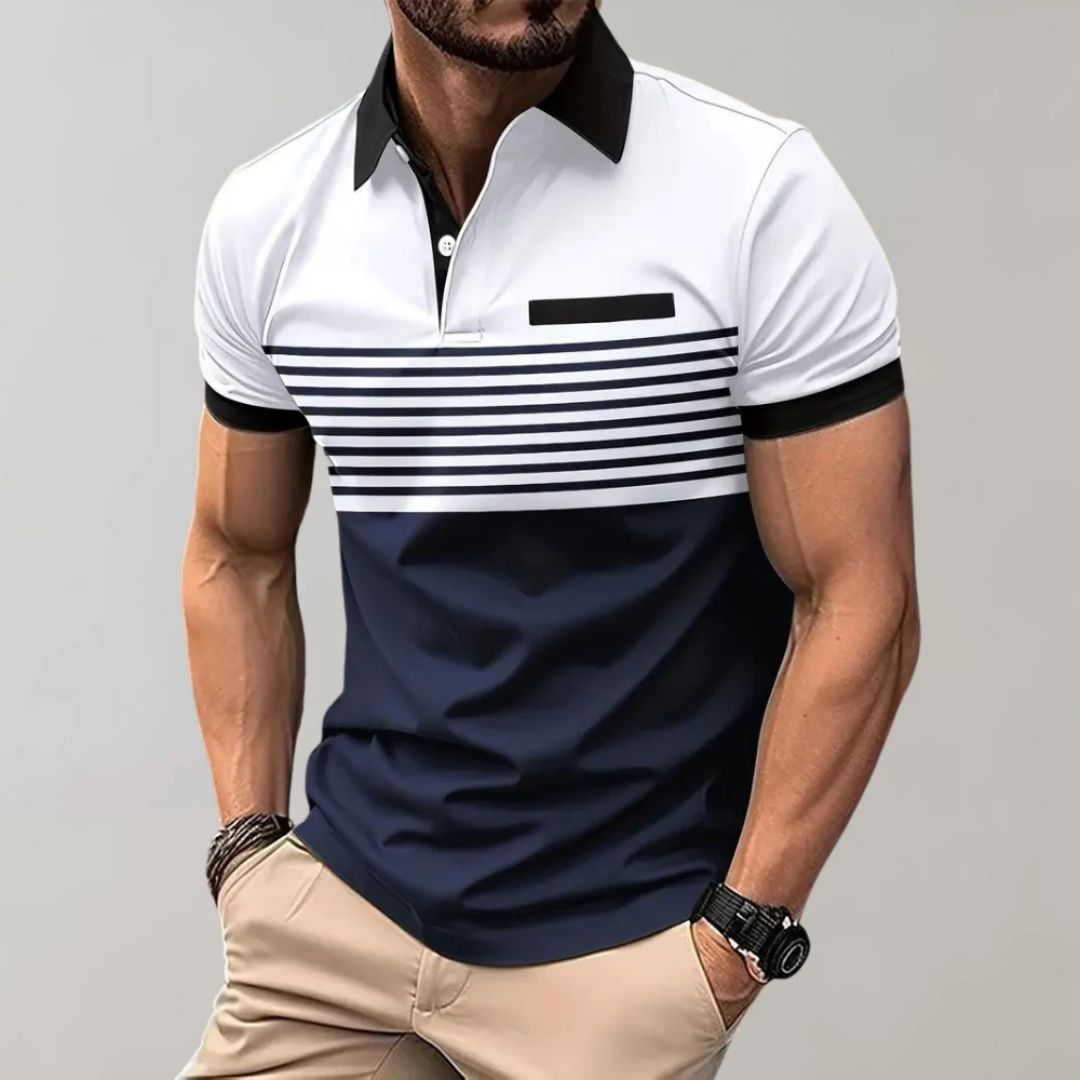 Men's Striped Polo Shirt with Contrast Collar and Chest Pocket