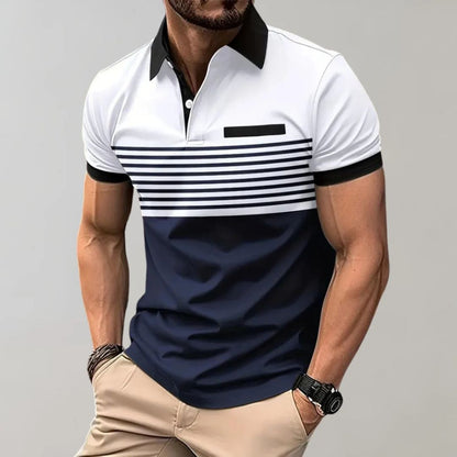 Men's Striped Polo Shirt with Contrast Collar and Chest Pocket