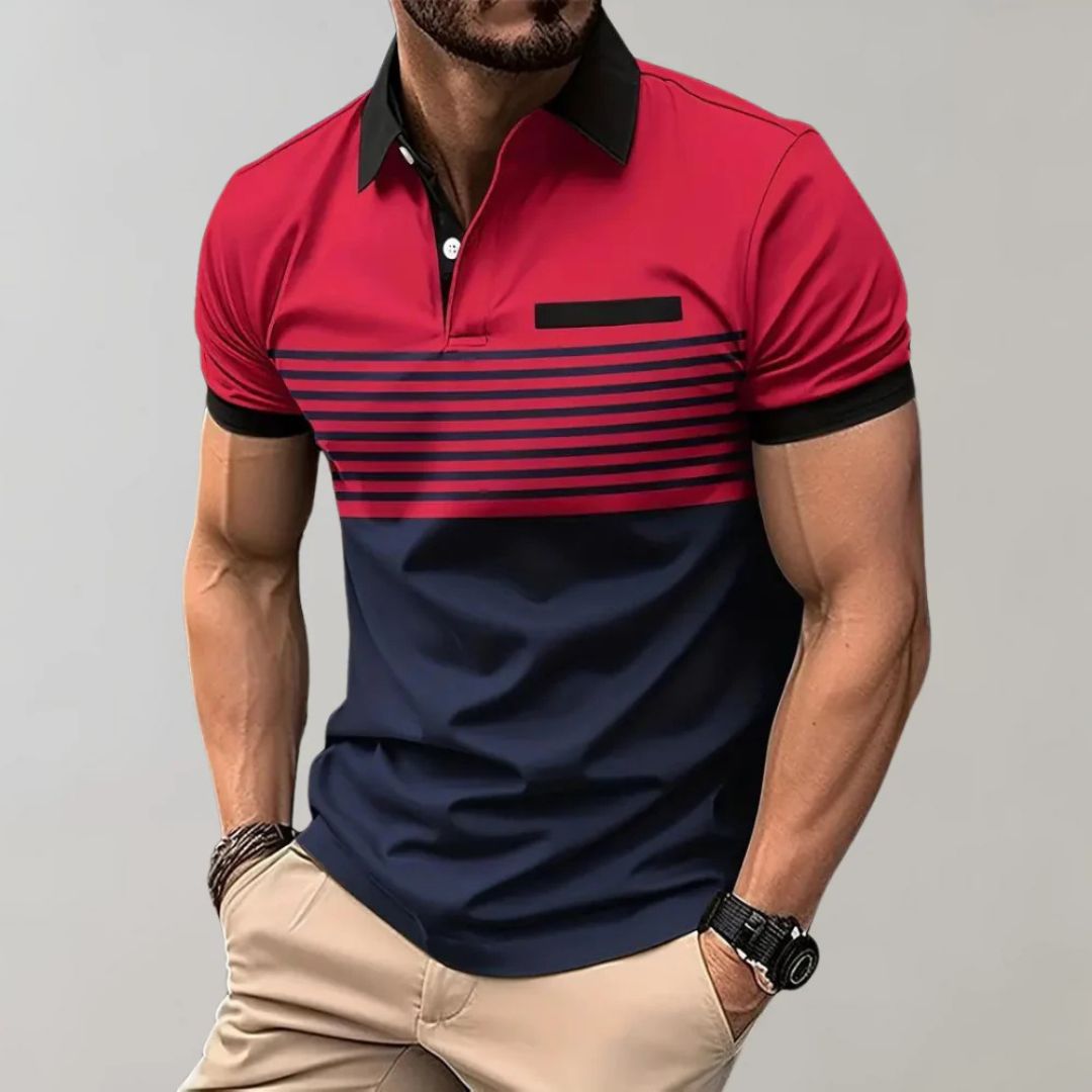 Men's Striped Polo Shirt with Contrast Collar and Chest Pocket
