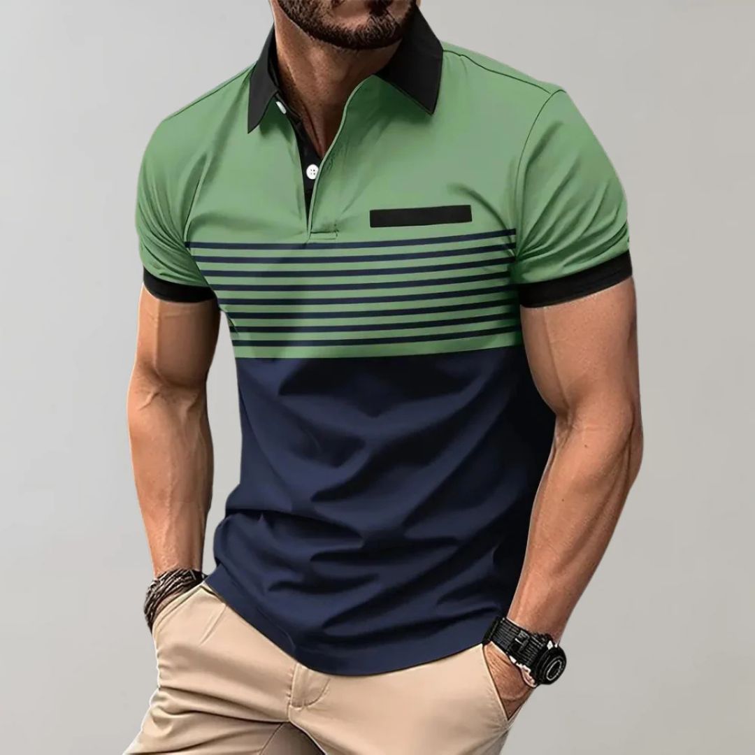 Men's Striped Polo Shirt with Contrast Collar and Chest Pocket