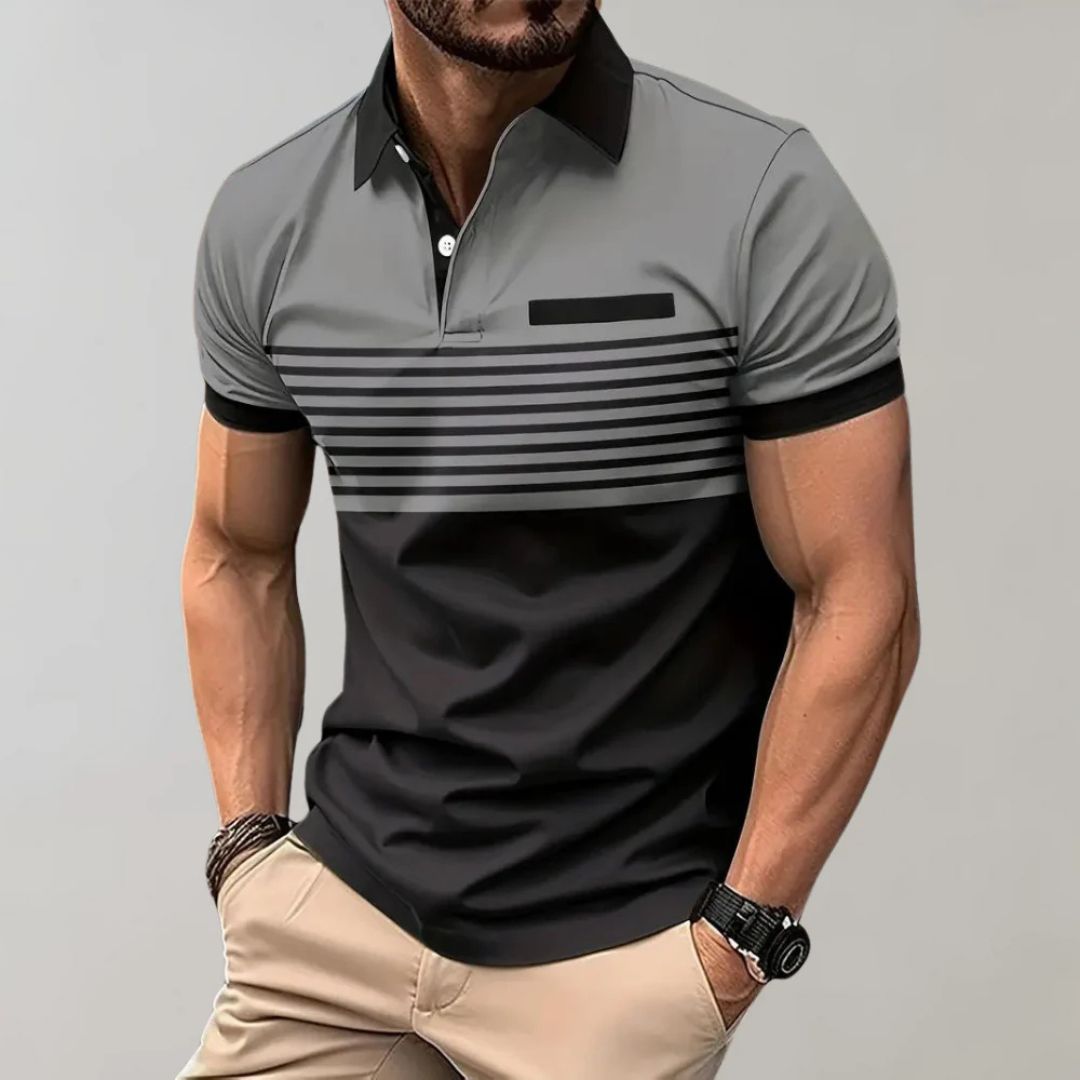 Men's Striped Polo Shirt with Contrast Collar and Chest Pocket