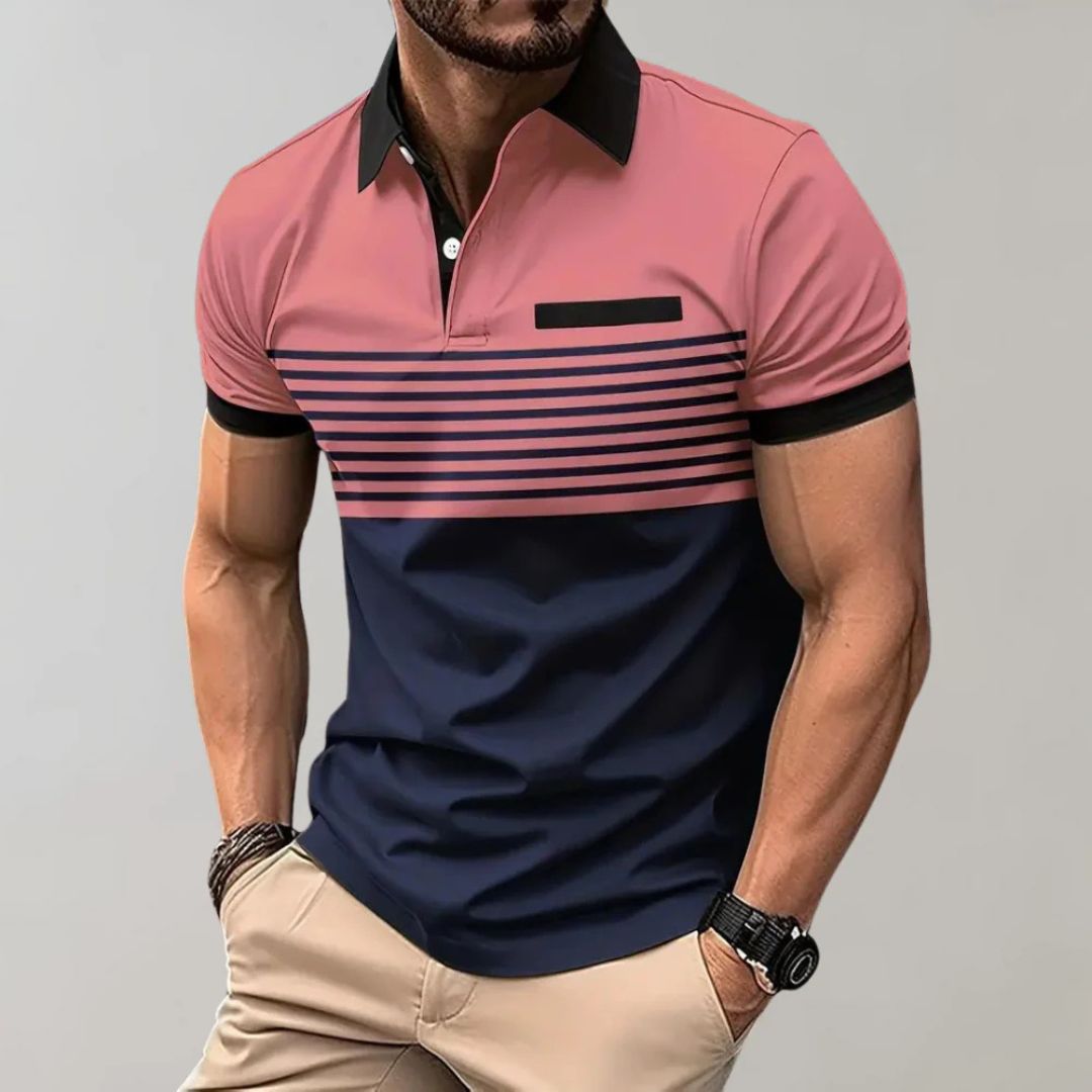 Men's Striped Polo Shirt with Contrast Collar and Chest Pocket