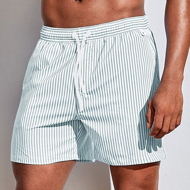Men's Striped Quick Dry Swim Shorts with Drawstring Waist and Side Pockets