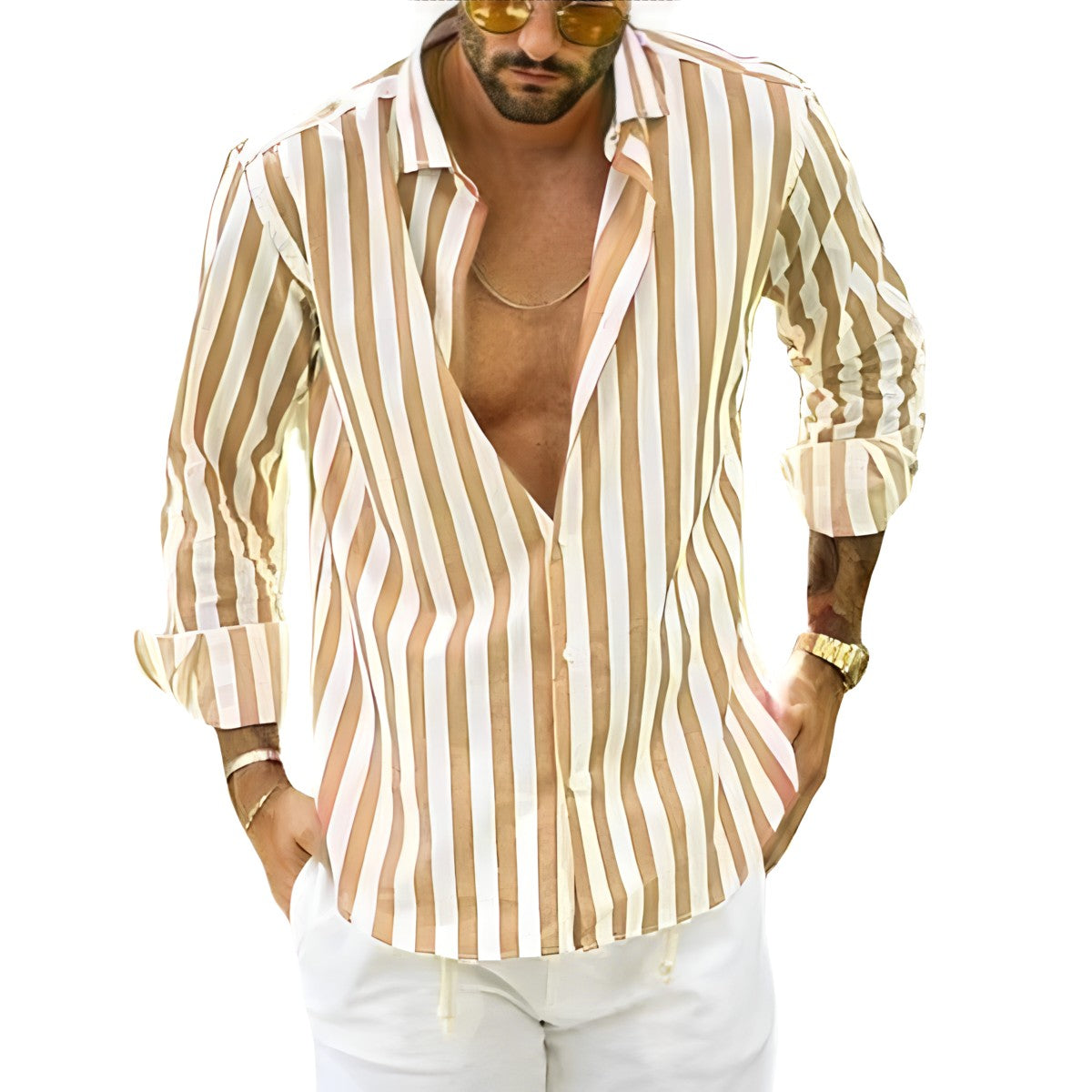 Men's Striped Shirt with Turn-Down Collar