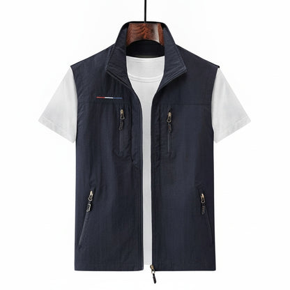Men's Utility Vest with Multiple Pockets and Stand Collar