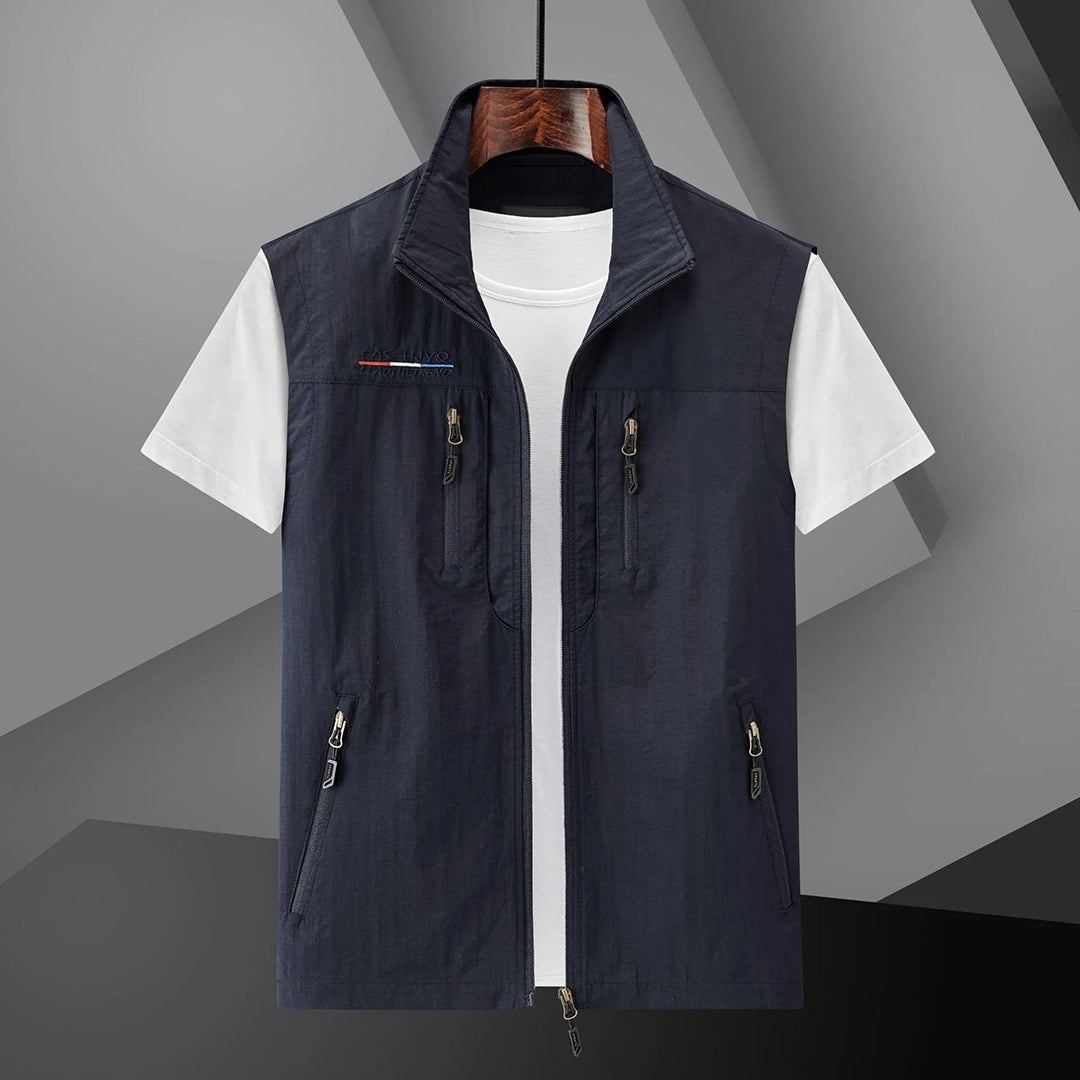 Men's Utility Vest with Multiple Pockets and Stand Collar