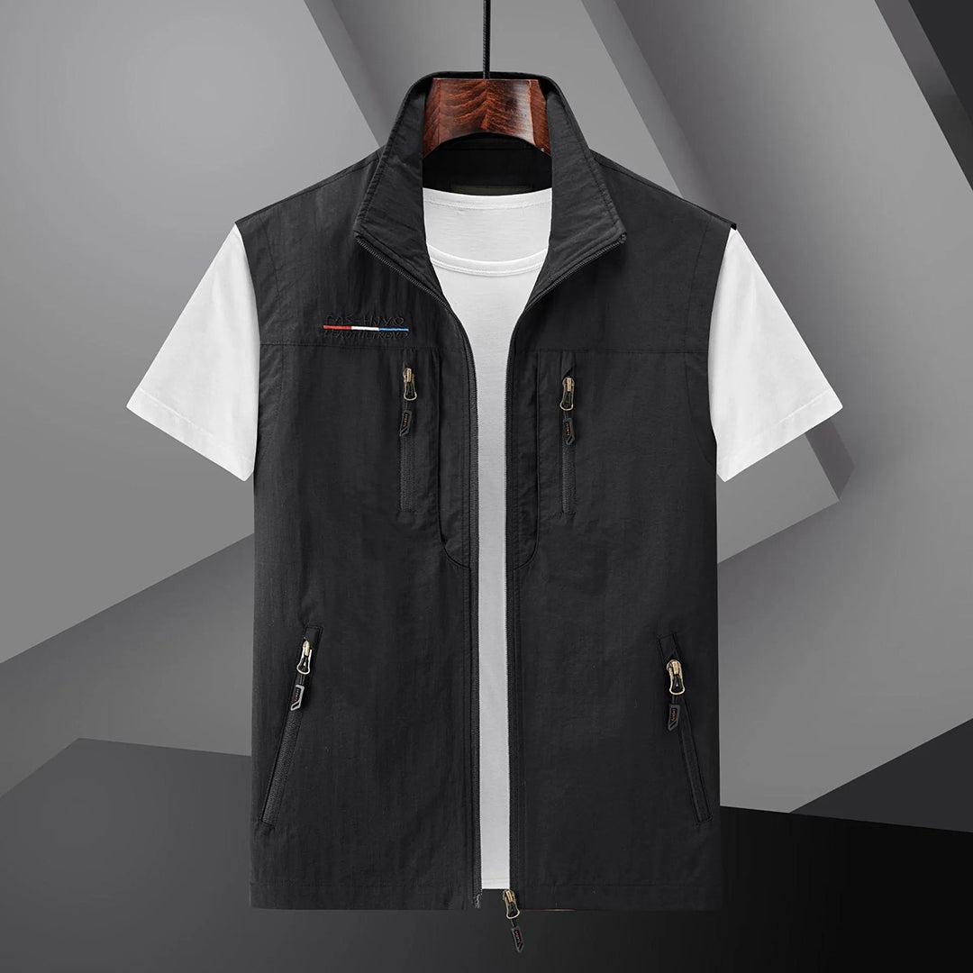 Men's Utility Vest with Multiple Pockets and Stand Collar