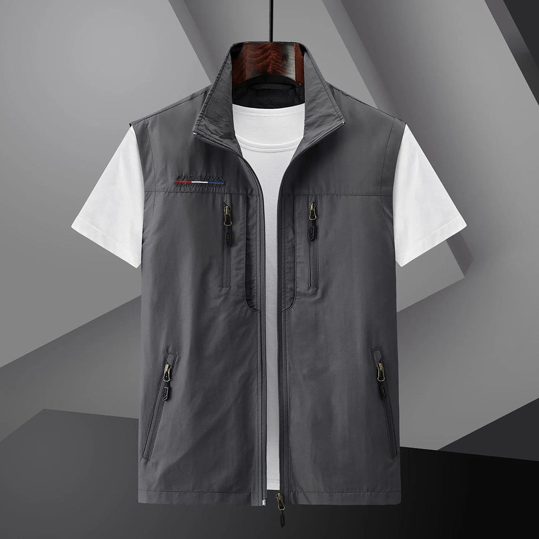 Men's Utility Vest with Multiple Pockets and Stand Collar