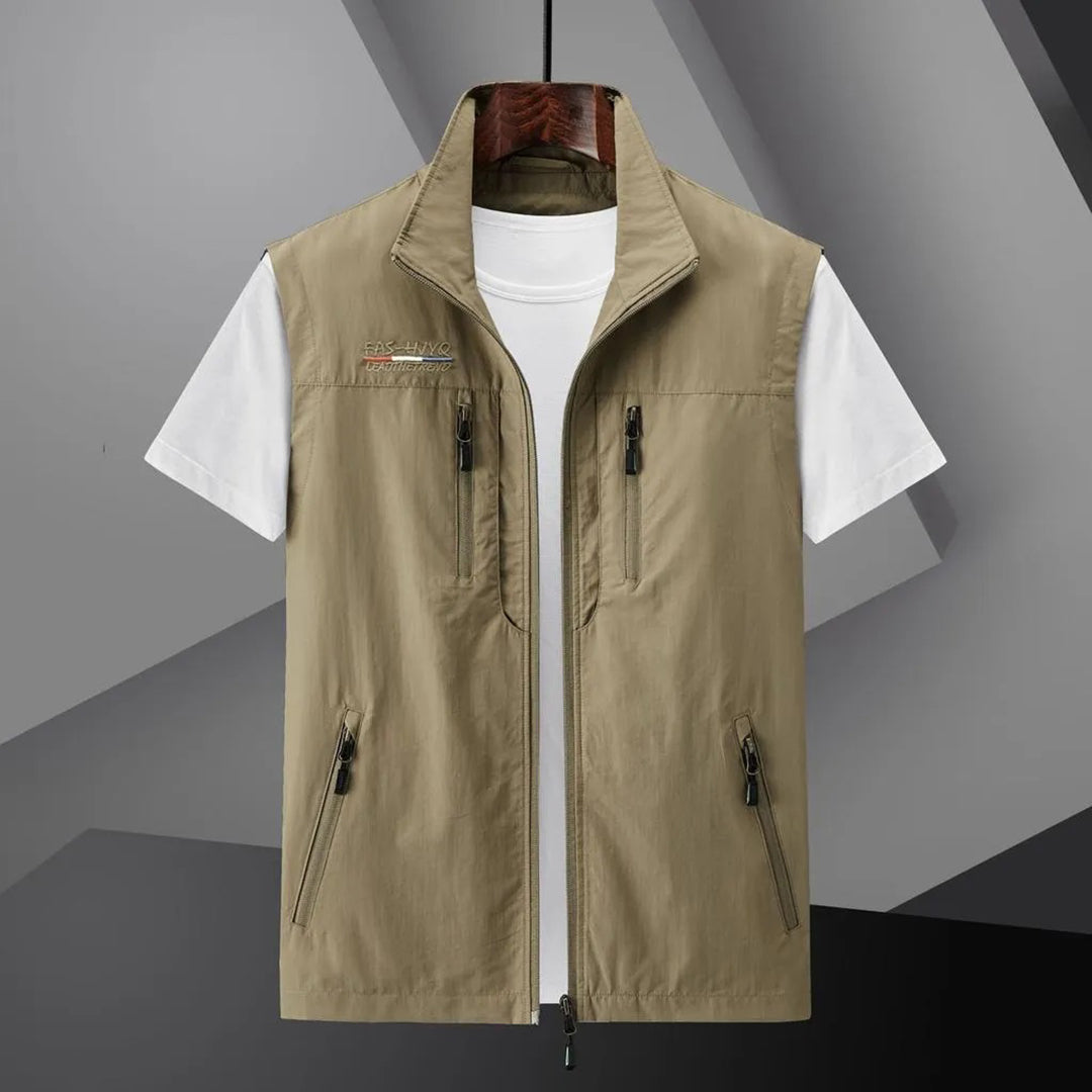 Men's Utility Vest with Multiple Pockets and Stand Collar