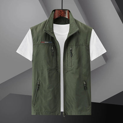 Men's Utility Vest with Multiple Pockets and Stand Collar