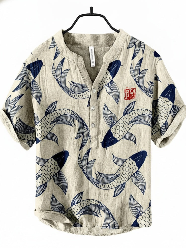 Men's Vintage Short Sleeve Shirt with Japanese Fish Art Print