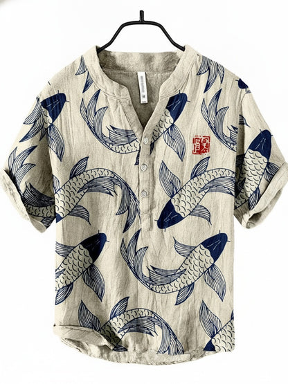 Men's Vintage Short Sleeve Shirt with Japanese Fish Art Print