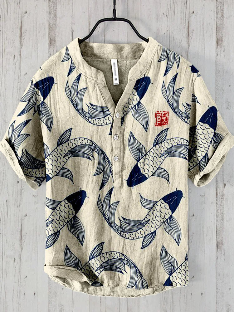 Men's Vintage Short Sleeve Shirt with Japanese Fish Art Print